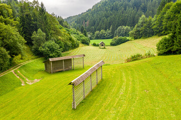 Landscape of Slovenia. Traditional hay drying racks in a meadow in Triglav National Park
