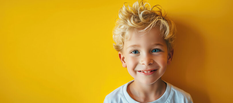 Portrait of pretty blonde hair little boy child with expression of joy on face, cute smiling isolated on a flat yellow background with copy space. Template for banner, text place.