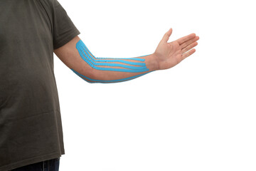 Elbow fracture with taping applied to a man's arm