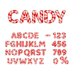 Candy alphabet and numbers with red and white stripes, isolated on white.