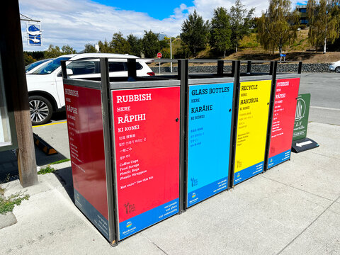 Very colorful garbade cans at Lake Tekapo, New Zealand