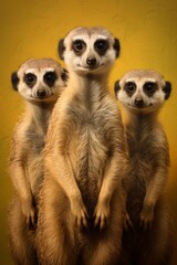 Curious meerkats in a studio portrait, standing tall, their tiny paws raised, expressions alert, all against a vivid solid backdrop.