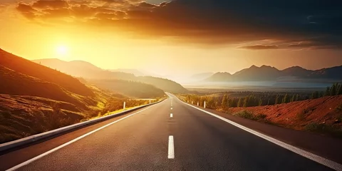 Rolgordijnen Journey through captivating landscape road stretches endlessly toward horizon. Sun bids farewell on highway of sky breathtaking sunset unfolds. Travel concept © Wuttichai