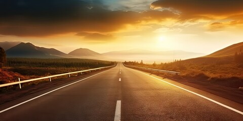 Fototapeta premium Journey through captivating landscape road stretches endlessly toward horizon. Sun bids farewell on highway of sky breathtaking sunset unfolds. Travel concept