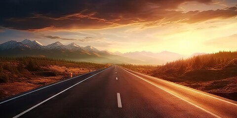 Journey through captivating landscape road stretches endlessly toward horizon. Sun bids farewell on highway of sky breathtaking sunset unfolds. Travel concept
