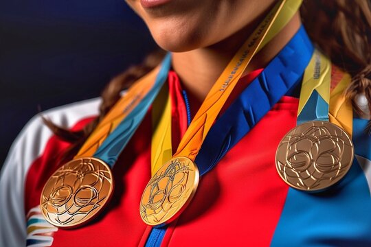 Close-up of a female athlete with gold, silver and bronze medals.