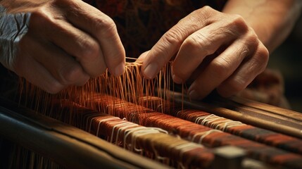 Detailed view of a weaver's hands working on a loom, capturing the threads and intricate textile texture.