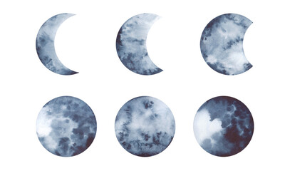 Watercolor illustration of the moon isolated on a white background hand-drawn. Monochrome illustration of the phases of the moon. An element for design and decoration. A set of new moon and full moon.