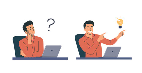 Young man before the laptop with question mark in think bubble and  finding new idea. Shiny light bulb. Flat style cartoon vector illustration.