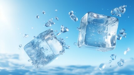 Falling ice cubes on a blue background. Frozen water.