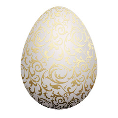 White natural color realistic egg with golden metallic floral pattern, PNG isolated on transparent background. Vintage banner, card, poster for Easter, business benefit concept