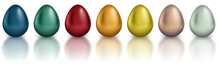 Glossy metallic egg set. Golden, silver, blue, red, green, red, orange, yellow, white color reflect paint collection. PNG illustration isolated on transparent background - 696870114
