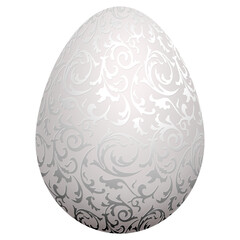 White natural color realistic egg with silver metallic floral pattern, PNG isolated on transparent background. Vintage card, poster for Easter, business benefit concept