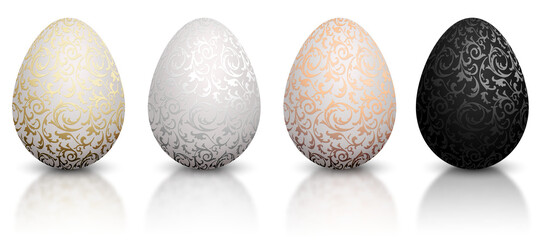 White natural color Easter egg PNG set with metallic floral pattern. isolated on transparent background. Golden, bronze, silver and black color - 696870144