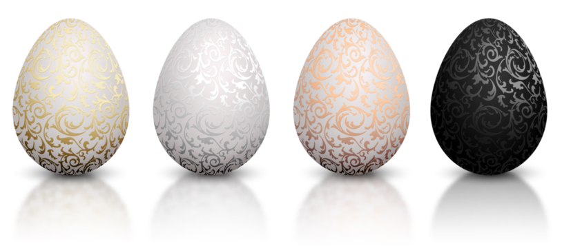 White natural color Easter egg PNG set with metallic floral pattern. isolated on transparent background. Golden, bronze, silver and black color