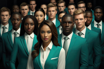 Portrait of diverse business people in white and green suits