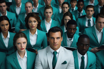 Portrait of diverse business people in white and green suits