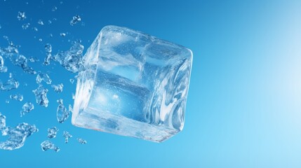 Obraz premium Falling ice cube on a blue background. Frozen water.