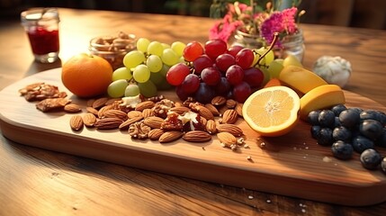 Healthy snacks: fruits and nuts on a wooden board