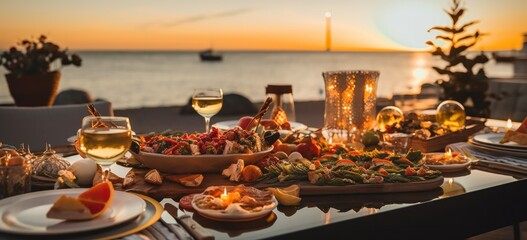 Luxurious Christmas dinner on a yacht, elegant table setting, and festive atmosphere by the sea. - Powered by Adobe