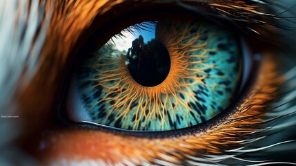 Extreme close-up of a cat's eye, showcasing the intricate iris patterns and reflective texture.
