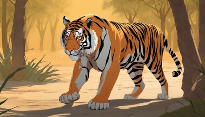 A tiger walking through a forest