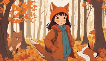A girl in an orange jacket with a fox tail stands with two foxes - Powered by Adobe