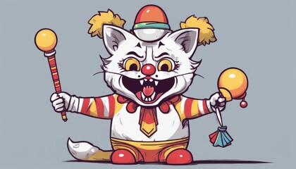 A clown cat with a red and white striped suit and a hat