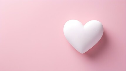 Top View of a White Stone Heart on a pink Background. Romantic Template with Copy Space