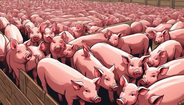 A cartoon of many pigs in a pen
