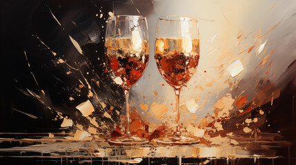 Abstract painting of wine glasses with golden red splashing. Digital art - obrazy, fototapety, plakaty