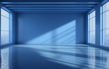 Fototapeta premium Interior design of a blue empty room, hall, hall, basement, bedroom, studio with large windows and light