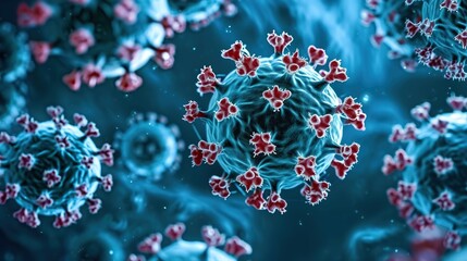 Close-up of influenza virus and coronavirus in the body. Medical concept of scientific research in virology and microbiology