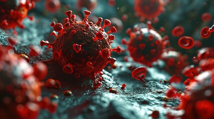 Close-up of influenza virus and coronavirus in the body. Medical concept of scientific research in virology and microbiology