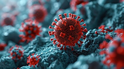 Close-up of influenza virus and coronavirus in the body. Medical concept of scientific research in virology and microbiology - obrazy, fototapety, plakaty