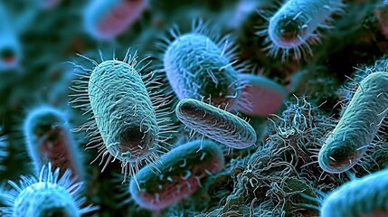 Close-up of 3D microscopic bacteria in the body. Medical concept of scientific research in bacteriology