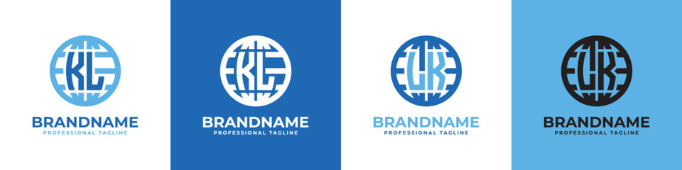 Letter KL and LK Globe Logo Set, suitable for any business with KL or LK initials.