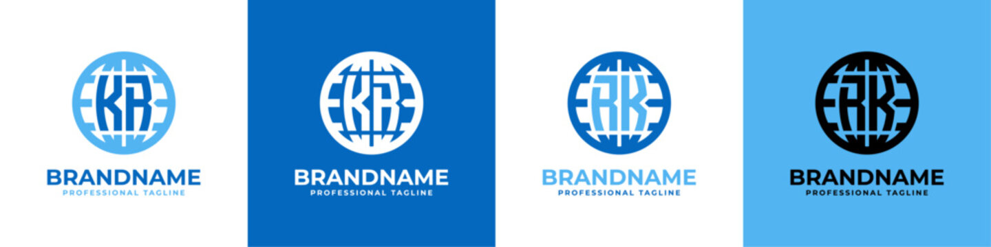 Letter KR and RK Globe Logo Set, suitable for any business with KR or RK initials.