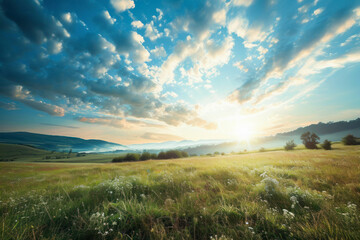 Fototapeta premium Celestial meadow, an open sky landscape over a vast meadow, with the canvas of the sky meeting the earth, providing a dreamy and ethereal backdrop for various design elements.