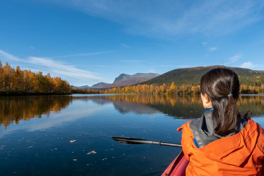 Kayaking at the riverdelta between Tarra&auml;lven and Kamajokk, Sarek national park, Kvikkjokk, Lapland, Sweden