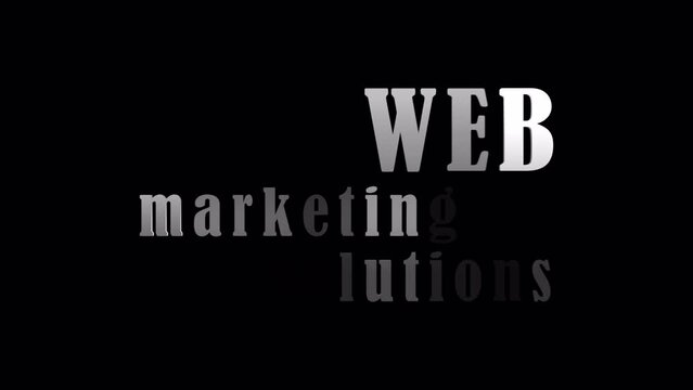 4K 3D Web Marketing Solution silver text title with effect animation on black abstract background. Isolated using QuickTime Alpha Channel ProRes 4444 