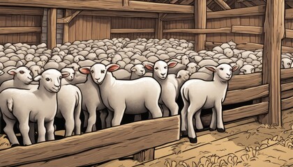 A cartoon image of a herd of sheep in a pen