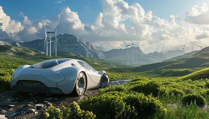 Electric car drive on the wind turbines background. Car drives along green landscape. Electric car driving along windmills farm. Alternative energy for cars. Car and wind turbines farm. 3d render
