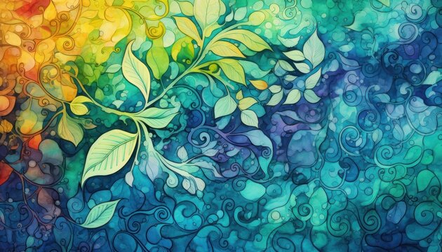 Organic texture background with vivid colors. Colors like deep greens, bright yellows, and rich purples imitate natural elements such as leaves, petals, or water