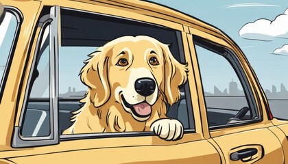 A yellow taxi with a dog sticking his head out of the window