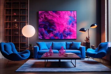 Splashes of neon pink and electric blue adorning the walls of a modern living room, casting dynamic shadows in all directions.