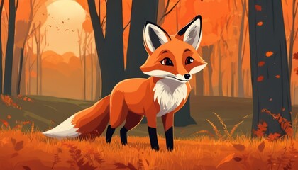 Fototapeta premium A fox standing in a field with autumn leaves