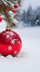 Image de Noël avec des boules de sapin rouge aux reflets, dans la neige, de petits flocons de neige tombant