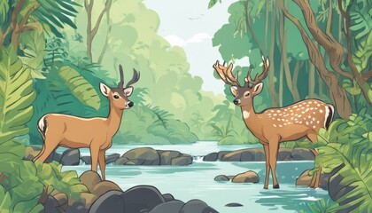 Two deer standing by a stream