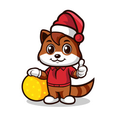 cute cartoon racoon animal holding a christmas ball with santa claus hat